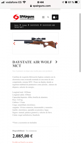VENDO dos carabinas AIRWOLF MCT( electrónica) con calibres 4,5 y 5,5 y con depositos de 500 cc. EN PERFECTO 00