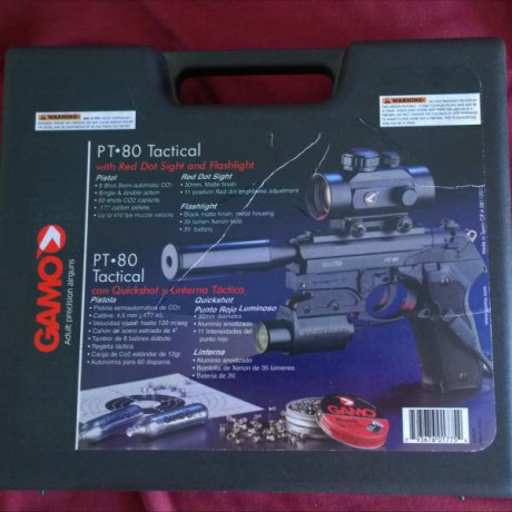 Pistola Gamo PT-80 Tactical
  
 -Regalo 3 Cargadores, 2 Cajas de bombonas de CO2 y una caja de balines 00