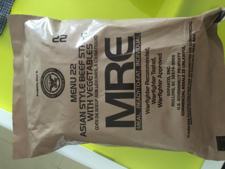 Vendo raciones de combate americanas MRE, Meal Ready to Eat, caducidad 03/21.
1 ración 15€ +3€ gastos 00