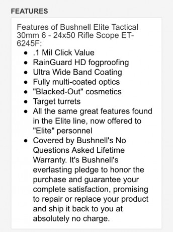 Buenas vendo Bushnell Elite Tactical ERS 6-24x50 ET6245F Tubo 30 mm campana 50 mm retícula iluminada Mil-Dot 10