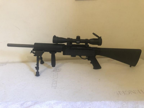 REMINGTON 597 VTR calibre 22lr (CAÑÓN PESADO)
Visor Leapers ,Bipode tipo Harris ,adaptador para mano en 01