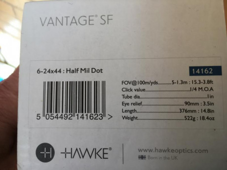 VENDO 6-24X44 VANTAGE SF- VISOR HAWKE VANTAGE - CRUCETA HALF MIL DOT EN PERFECTO ESTADO.

PRECIO 200.-€

MONTURA 11
