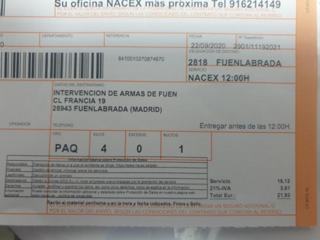 Hola, hice un cambio de una carabina con un compañero del foro, me envió una carabina de Alicante a Ponferrada 111