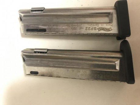 Cargadores walter P22 y SP22
Ambos mecanizan perfectamente en la P22
20 euros cada uno más gastos .
Los 00