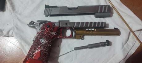 Vendo por no usar Infinity 2011 9mm con muy poco uso..la vendo con 4 cargadores más empuñadura y disparador 00
