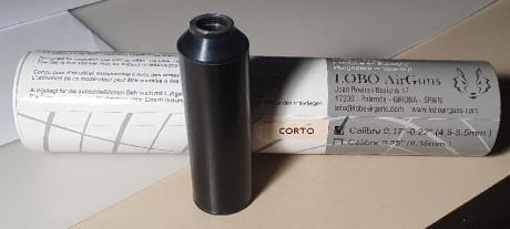 Vendo moderador Lobo corto en su caja original. Viene marcado como calibre .177/.22 (4'5/5'5mm)

Dimensiones 00