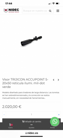 Visor táctico muy luminoso con cribar óptica y tritio. Precio de nuevo en España 2000€ NIDEC
Precio 999€
https://www.nidec.es/es/visores-telescopicos/visor-trijicon-accupoint-5-20x50-reticula-ilumi-mil-dot-verde.html 10