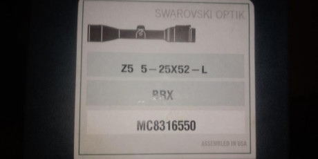Vendo Visor Swarovski Z5 5-25x52, en perfecto estado de metales y lentes. Retícula BRX en 2º plano.
Tiene 02