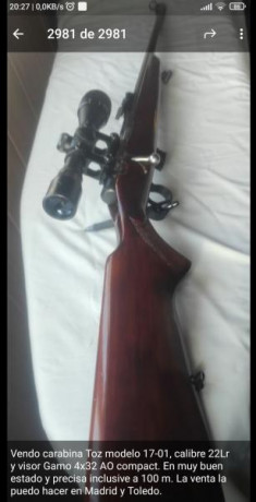 Vendo carabina Toz 17-01, calibre 22 Lr y visor Gamo 4x32 AO compact, en muy buen estado y precisa, inclusive 00