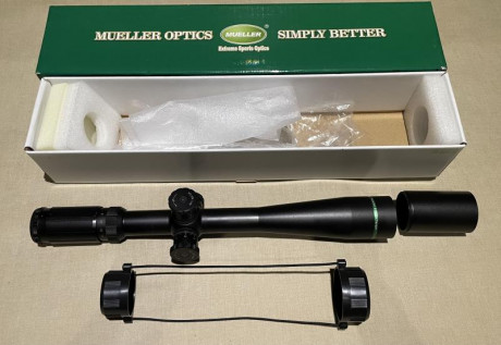 Vendido Visor Mueller Target 8-32x44, en su caja y embalaje, tapas y parasol metálico originales tubo 02