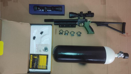 se vende el siguiente conjunto de pistola pcp Onix 


Onix pp700 calibre 5.5 + silenciador 


Scuba draguer 00