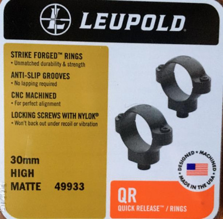 Se venden anillas Leupold QR, 30 mm altas, sin estrenar. No han salido de la caja, por un error en la 00