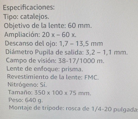 Catalejo 20-60x60 , con tripode en muy buen estado.
 Se le perdio la tapa de la
lente.(no le afecta en 10