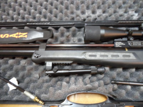 Vendo equipo PCP compuesto por:

Carabina Hatsan BT65RB calibre 5.5 mm
Correa portaarma
Silenciador 
Cañón 00