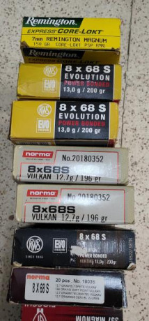 Vendo 120 vainas del 8x68 S limpias de primer tiro, con piston y cajas originales.
70 RWS y 50 NORMA, 00