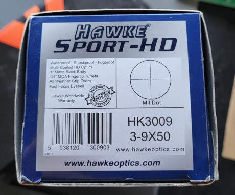 VENDIDO visor Hawke Sport-HD 3-9x50 Mil Dot 1/4 MOA. A estrenar.
Precio 50€ más portes si se tiene que 02