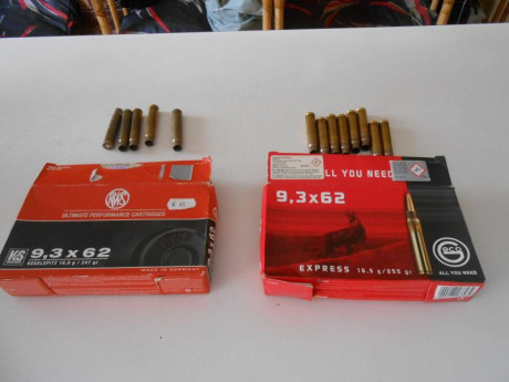 saludos: pongo a la venta 32 vainas de un disparo del calibre 9,3x62, 20 Geco y 12 RWS, por 20 euros con 00