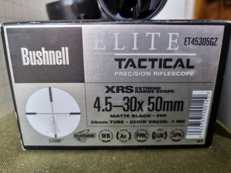 Visor Bushnell Elite Tactical 4.5-30x50
Retícula G2DMR
Tubo de 34 mm
Caja, documentación, tapas etc...

 01