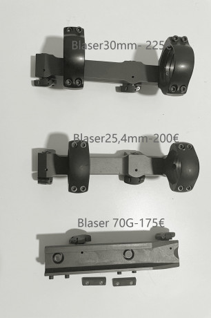 Vendo 3 monturas de Blaser en buen estado como nuevo.
Montura Blaser con anillas de 30, 225 € mas portes.
Montura 00