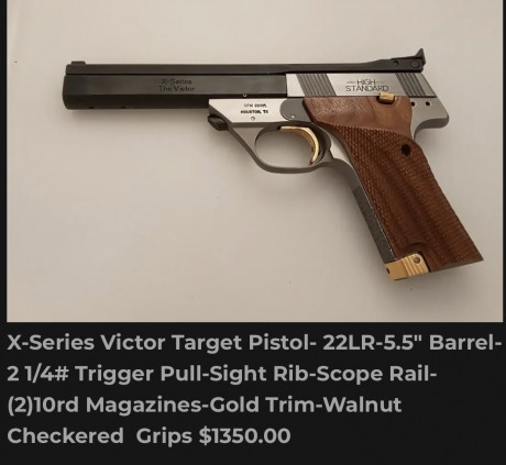 Se ofrece una magnifica pistola Hig Standard modelo THE VÍCTOR cal 22Lr, toda de acero forjado, de las 150