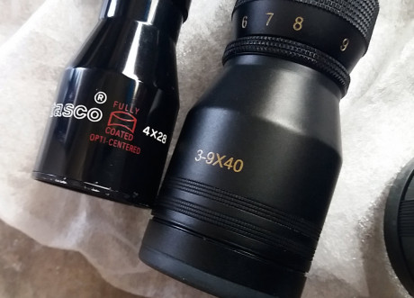 Tres visores para carabina, 1 Gamo 3-9x40 (con montura para rail picatini, no aparece en las fotos), 1 01