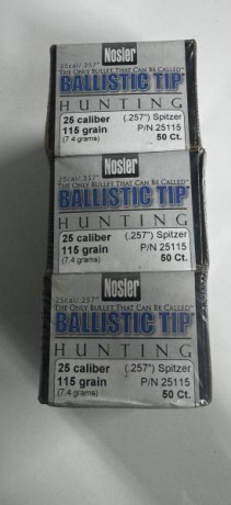 Buenas noches se venden cajas de puntas nolser
25 caliber
(.257") Spitzer
115 grain 
50ud por caja
50€ 02