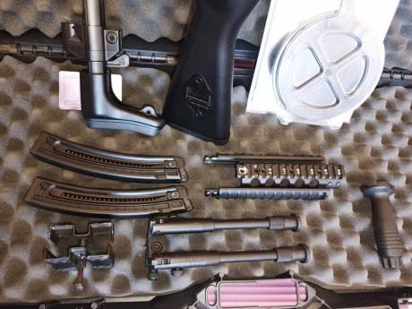 Carabina 22LR GSG-5 (MP5)
2 cargadores+sujetador de cargadores
1 cargador 110 cartuchos
1 bípode
1 Agarradera 02