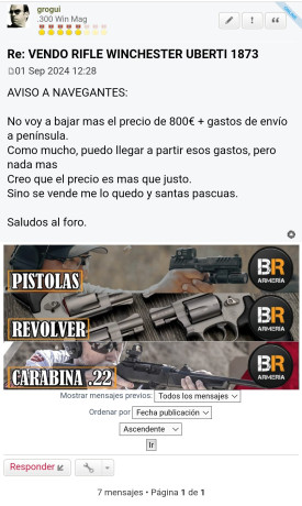 Vendo rifle Winchester Uberti 1873 calibre 45 Colt NUEVO.
Ha disparado veinticinco cartuchos, nada más.
Lo 50