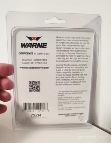  VENDIDAS   Anillas Warne Altas Fijas
Mod. 732M
SIN ESTRENAR 
Para visores de 30mm y carabinas con carril 01
