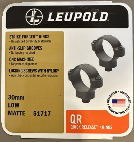 Pongo a la venta un juego de anillas Leupold que tengo y no me sirven. 
Son de tipo QR y de 30mm de altura.
El 01