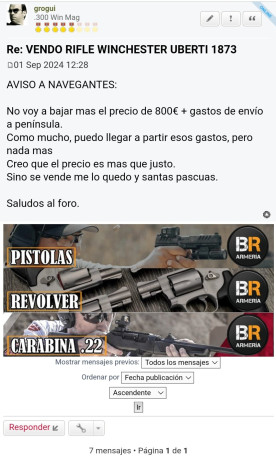 Vendo rifle Winchester Uberti 1873 calibre 45 Colt NUEVO.
Ha disparado veinticinco cartuchos, nada más.
Lo 160