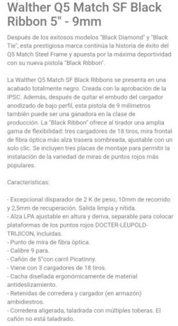 Se vende Walther Q5 Mach SF black Ribbon. 
Cal. 9mm
Perfecta tanto para precision como para Ipsc por su 02