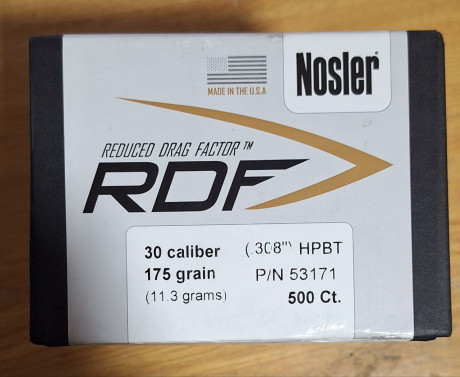 Se venden caja sin abrir de 500 puntas NOSLER RDF 175 gr Cal.30.
PRECIO 380€ más envío 01