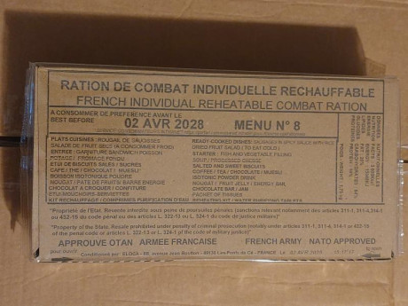 Varios Menus EPA Pack Unipersonal MRE Ejército Francés 24h con fecha de caducidad del 2028.
Menú 8.
Menú 02