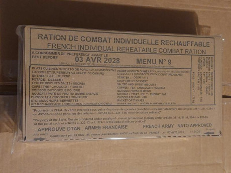 Varios Menus EPA Pack Unipersonal MRE Ejército Francés 24h con fecha de caducidad del 2028.
Menú 8.
Menú 01