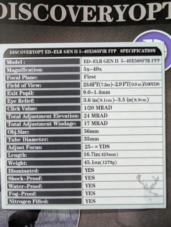 Se vende visor Discoveryopt ED 5-40x56 comprado en diciembre de 2024 con todos sus accesorios, en impecable 01