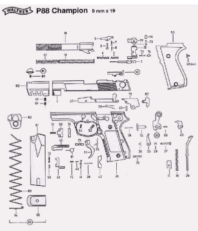 Se ofrece una magnífica pistola Walther P88 Champion  cal 9mm de 6” cañón poligonal, dos cargadores  de 50