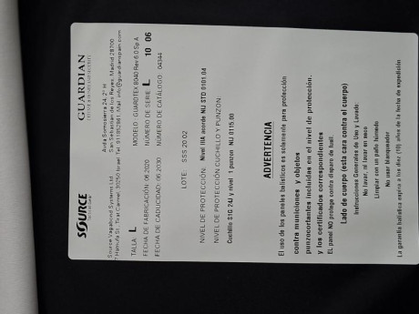 Vendo chaleco antibalas nuevo sin estrenar, nivel IIIA,  talla L, fecha de caducidad 2030, con funda de 01