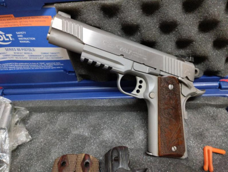 Vendo Colt Gobernnement, plataforma 1911, cinco pulgadas, 9mm. Acero inoxidable mate.Alza regulable, dos 01