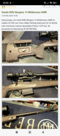 Hola pongo a la venta Rifle Bergara 14 Wilderness HMR en calibre 22-250 con Visor Nikko Stirling Diamond 12