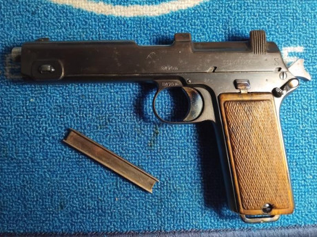 Vendo pistola Steyr Hahn 1912 en calibre 9 mm Parabellum. Guiada en F.

Fabricada en 1916, mecaniza a 11