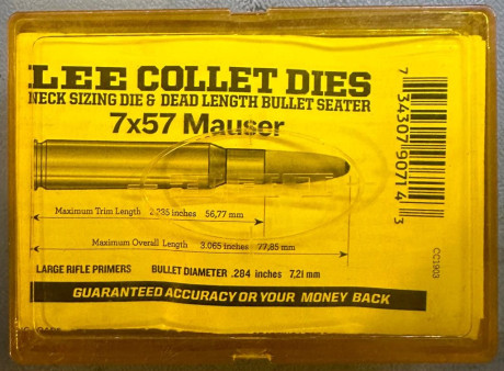 Set 2 dies. desempistonador y recalibrar cuello y die posicionador de punta.
Fabricante LEE 
35 euros 02