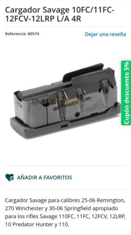 Pongo a la Venta este Cargador de Rifle totalmente nuevo sin estrenar. 

-Marca:  SAVAGE 
-Modelos: 110FC, 02