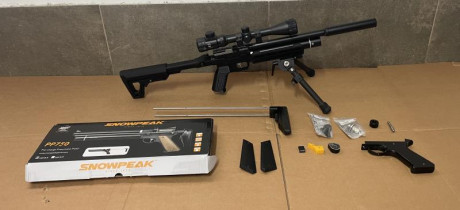 Vendo pistola de PCP snowpeak Pp750 en calibre 4,5 prácticamente nueva, sin uso. Regulador huma para ella, 02