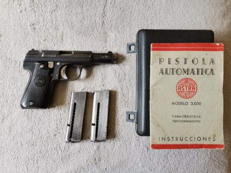 Buenos días,

Vendo Astra 3000 semiautomática, 9 mm corto, en buen estado. Tiene muy poco uso.

Precio: 02