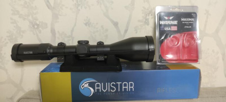 Visor Avistar,tubo de 30 ,de 3-12x56,retícula iluminada,con su caja y accesorios,anillas Warne Máxima 02