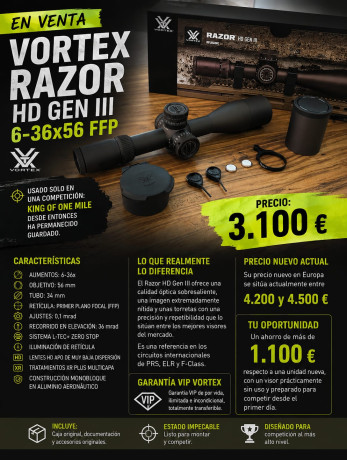 EN VENTA – VORTEX RAZOR HD GEN III 6-36x56 FFP

Precio: 3.100 €

El Vortex Razor HD Gen III 6-36x56 es 10