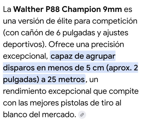 Se ofrece una Walther P88 Champion 9mm de 6” cañón poligonal y Kit Walther Sport 22Lr de 6” con dos cargadores 20
