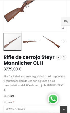 *SE VENDE:* 

 *Steyr Mannlicher Modelo CLii* 

Gatillo al Pelo, caibre 300wm
Anillas de 34mm

Como nuevo, 10