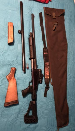 Vendo escopeta de corredera MOSSBERG 500 calibre 12/76 con dos cañones; uno liso de 71 cm con chokes intercambiables 11